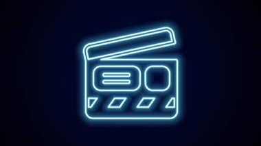 Parlayan neon hattı film alkışlayıcı simgesi siyah arkaplanda izole edildi. Film alkışlama tahtası. Alkış tahtası işareti. Sinema yapımı ya da medya endüstrisi. 4K Video hareketli grafik canlandırması.