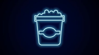 Siyah arka planda izole edilmiş karton kutuda parlayan neon çizgi patlamış mısır. Patlamış mısır kutusu. 4K Video hareketli grafik canlandırması.