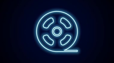 Parlayan neon hattı film makarası simgesi siyah arkaplanda izole edildi. 4K Video hareketli grafik canlandırması.