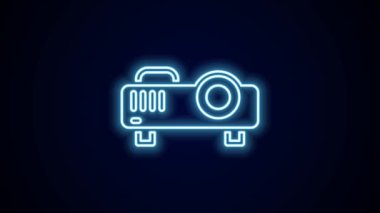 Parlak neon hattı sunumu, film, film, medya projektörü simgesi siyah arkaplanda izole edildi. 4K Video hareketli grafik canlandırması.