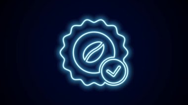 Siyah arka planda izole edilmiş kahve ikonu için parlak neon hat madalyası. Kaliteli kahve rozeti. 4K Video hareketli grafik canlandırması.