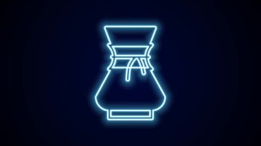 Parlayan neon hattı siyah arka planda izole edilmiş kahve makinesi ikonunun üzerine dökülüyor. Alternatif kahve demleme yöntemleri. Kahve kültürü. 4K Video hareketli grafik canlandırması.