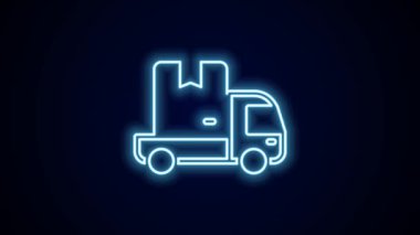 Parlayan neon hattı kargo kamyonu ikonu siyah arka planda izole edildi. 4K Video hareketli grafik canlandırması.