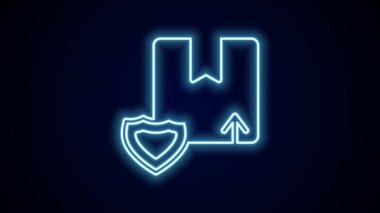Parlayan neon hattı. Siyah zemin üzerinde kalkan simgesi olan teslimat güvenliği. Teslimat sigortası. Kalkanın ötesinde sigorta kutuları var. 4K Video hareketli grafik canlandırması.