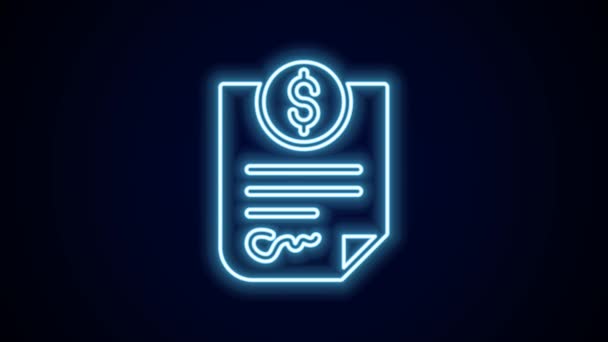 发光的霓虹灯线合同货币图标孤立在黑色背景 银行单据美元档案金融资金页 4K视频运动图形动画 — 图库视频影像