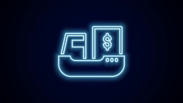 Gloeiende Neon Lijn Vrachtschip Met Dozen Bezorgservice Pictogram Geïsoleerd Zwarte — Stockvideo