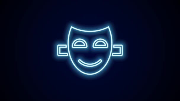 Gloeiende Neon Lijn Komedie Theatrale Masker Pictogram Geïsoleerd Zwarte Achtergrond — Stockvideo