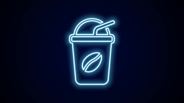 Glödande Neon Linje Ice Kaffe Ikon Isolerad Svart Bakgrund Video — Stockvideo