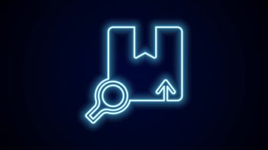 Parlayan neon hattı Arama paketi simgesi siyah arkaplanda izole edildi. Paket izleme sembolü. Büyüteç ve karton kutu. Lojistik ve teslimat. 4K Video hareketli grafik canlandırması.