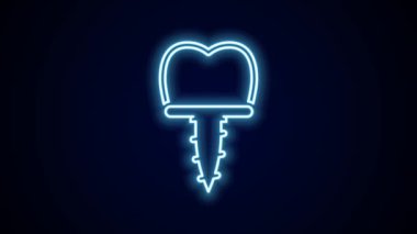 Parlayan neon hattı diş implantı simgesi siyah arkaplanda izole edildi. 4K Video hareketli grafik canlandırması.