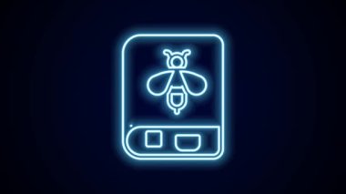 Siyah arka planda izole edilmiş arılar hakkında parlayan neon çizgisi kitabı. Tatlı doğal yemek. Bal arısı ya da kanat sembollü apis. Uçan böcek. 4K Video hareketli grafik canlandırması.