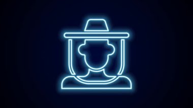 Siyah arka planda izole edilmiş şapka ikonu ile parlayan neon hattı arıcısı. Özel koruyucu üniforma. 4K Video hareketli grafik canlandırması.