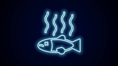 Parlayan neon hattı. Ölü balık simgesi siyah arkaplanda izole edilmiş. Çürük balık. 4K Video hareketli grafik canlandırması.