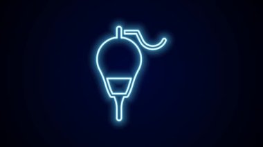 Parlayan neon hattı Balıkçılık yüzen ikonu siyah arkaplanda izole edildi. Balık oltası. 4K Video hareketli grafik canlandırması.