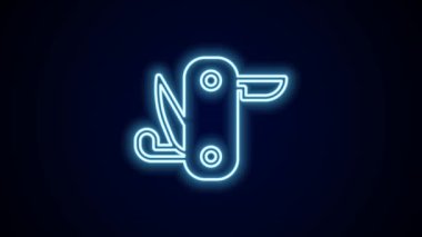 Parlayan neon hattı İsviçre çakısı ikonu siyah arka planda izole edildi. Çoklu alet, çok amaçlı çakı. Çok fonksiyonlu bir alet. 4K Video hareketli grafik canlandırması.