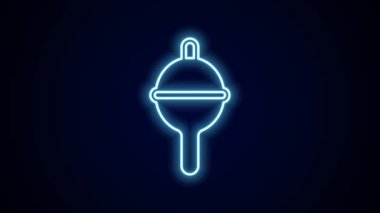 Parlayan neon hattı Balıkçılık yüzen ikonu siyah arkaplanda izole edildi. Balık oltası. 4K Video hareketli grafik canlandırması.