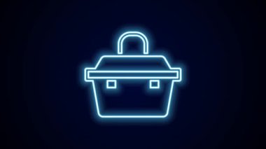 Parlayan neon hattı kabı ya da sallanan kutu kutusu ve siyah arka planda izole edilmiş balıkçılık ekipmanları ikonu. Balık oltası. 4K Video hareketli grafik canlandırması.