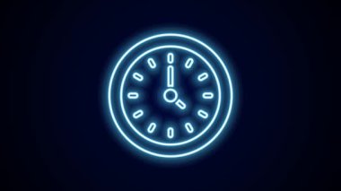 Parlayan neon çizgi saat simgesi siyah arkaplanda izole edildi. Zaman sembolü. 4K Video hareketli grafik canlandırması.