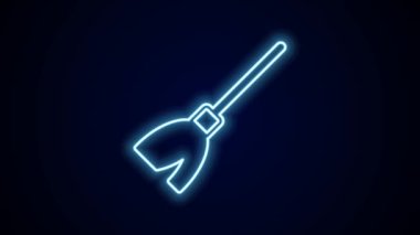 Parlayan neon hattı süpürge sapı simgesi siyah arkaplanda izole edildi. Temizlik hizmeti konsepti. 4K Video hareketli grafik canlandırması.