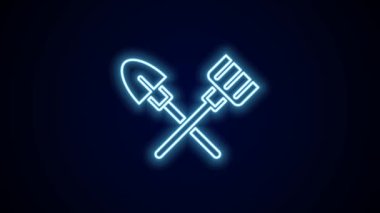 Parlayan neon hattı kürek ve tırmık simgesi siyah arkaplanda izole edildi. Bahçecilik, tarım, bahçıvanlık, çiftçilik aletleri. Toprak işçisi. 4K Video hareketli grafik canlandırması.