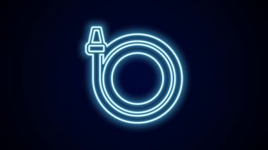 Parlayan neon hattı bahçe hortumu ikonu siyah arka planda izole edildi. Sprey tabanca ikonu. Su ekipmanları. 4K Video hareketli grafik canlandırması.