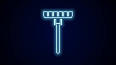 Parlayan neon çizgisi tırmık simgesi siyah arkaplanda izole edildi. Bahçecilik, tarım, çiftçilik aleti. Toprak işçisi. Temizlik ekipmanları. 4K Video hareketli grafik canlandırması.