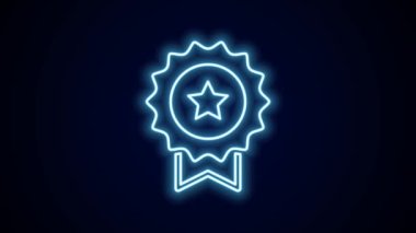 Siyah zemin üzerinde yıldız simgesi olan parlak neon çizgisi madalyası. Kazanan başarı işareti. Ödül madalyası. 4K Video hareketli grafik canlandırması.