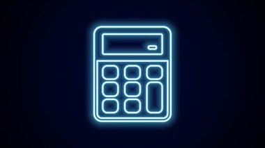 Parlayan neon hattı hesap makinesi simgesi siyah arkaplanda izole edildi. Muhasebe sembolü. İş hesaplamaları matematik eğitimi ve finans. 4K Video hareketli grafik canlandırması.