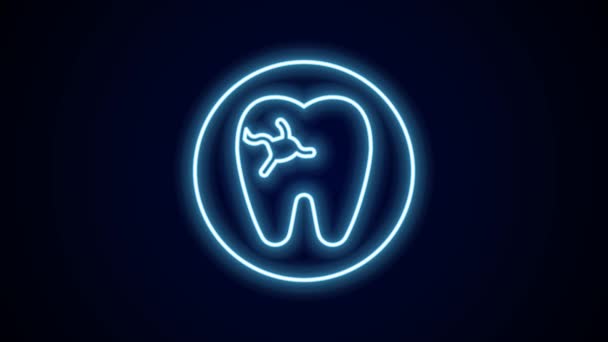 发亮的霓虹灯线牙齿与龋图标隔离在黑色背景 4K视频运动图形动画 — 图库视频影像