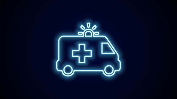 Glödande Neon Line Ambulans Och Nödbil Ikon Isolerad Svart Bakgrund — Stockvideo