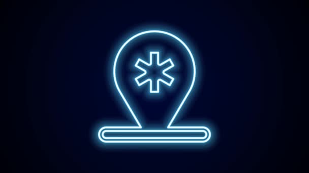Zářící Neonová Čára Lékařská Mapa Ukazatel Ikonou Křížové Nemocnice Izolované — Stock video