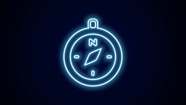 Świecąca Neonowa Ikona Kompasu Odizolowana Czarnym Tle Symbol Nawigacji Windrose — Wideo stockowe