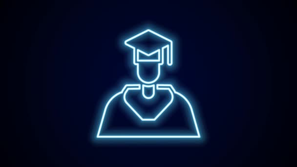 发光的霓虹灯线毕业生和毕业帽图标孤立在黑色背景 4K视频运动图形动画 — 图库视频影像