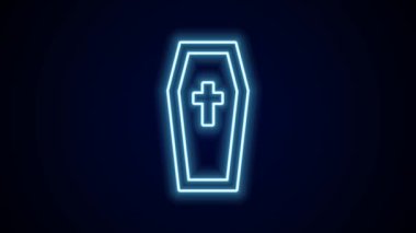Parlak neon hattı Tabut ve Hıristiyan haç simgesi siyah arka planda izole edildi. Mutlu Cadılar Bayramı Partisi. 4K Video hareketli grafik canlandırması.