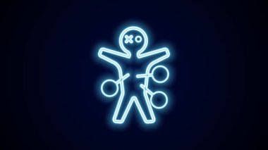 Siyah arkaplanda parlayan neon hattı Voodoo bebek ikonu izole edildi. Mutlu Cadılar Bayramı Partisi. 4K Video hareketli grafik canlandırması.