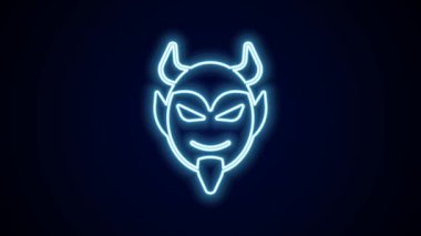 Parlayan neon hattı Şeytan baş simgesi siyah arkaplanda izole edildi. Mutlu Cadılar Bayramı Partisi. 4K Video hareketli grafik canlandırması.