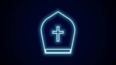 Parlayan neon hattı Papa 'nın şapka simgesi siyah arkaplanda izole edildi. Hristiyan şapkası işareti. 4K Video hareketli grafik canlandırması.