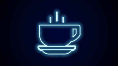 Parlayan neon hattı kahve fincanı simgesi siyah arka planda izole edilmiş. Çay fincanı. Sıcak içecek kahvesi. 4K Video hareketli grafik canlandırması.