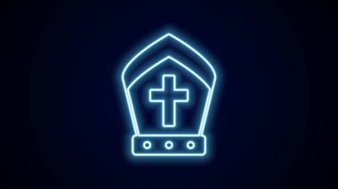 Parlayan neon hattı Papa 'nın şapka simgesi siyah arkaplanda izole edildi. Hristiyan şapkası işareti. 4K Video hareketli grafik canlandırması.