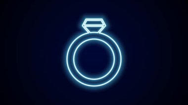 Parlak neon çizgili elmas nişan yüzüğü simgesi siyah arkaplanda izole edildi. 4K Video hareketli grafik canlandırması.
