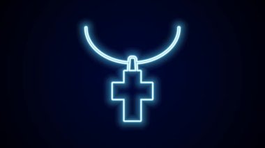 Parlayan neon çizgisi Hıristiyan simgesi üzerinde siyah arka planda izole edilmiş bir şekilde çapraz çizgi çiziyor. Kilise haçı. 4K Video hareketli grafik canlandırması.