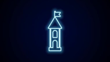 Parlayan neon hattı Castle kulesi simgesi siyah arkaplanda izole edildi. Kale işareti. 4K Video hareketli grafik canlandırması.
