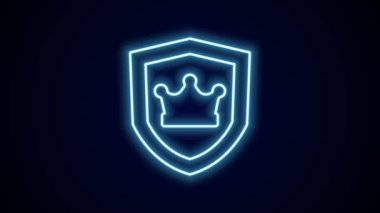 Siyah zemin üzerinde taç simgesi olan parlak neon çizgi kalkanı. 4K Video hareketli grafik canlandırması.