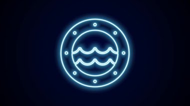 Siyah arka planda izole edilmiş, perçin ve deniz manzaralı parlak neon çizgili gemi penceresi. 4K Video hareketli grafik canlandırması.