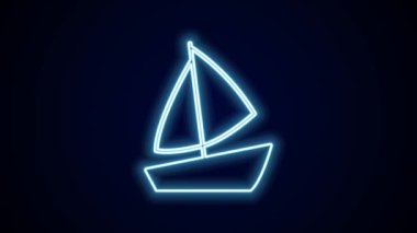 Parlayan neon hattı ya da siyah arka planda izole edilmiş yelkenli gemi simgesi. Yelkenli deniz seyahati. 4K Video hareketli grafik canlandırması.