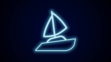 Parlayan neon hattı ya da siyah arka planda izole edilmiş yelkenli gemi simgesi. Yelkenli deniz seyahati. 4K Video hareketli grafik canlandırması.