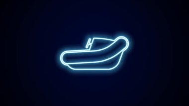 Parlak neon hattı şişirilebilir tekne dış motor ikonu siyah arkaplanda izole edilmiş. 4K Video hareketli grafik canlandırması.