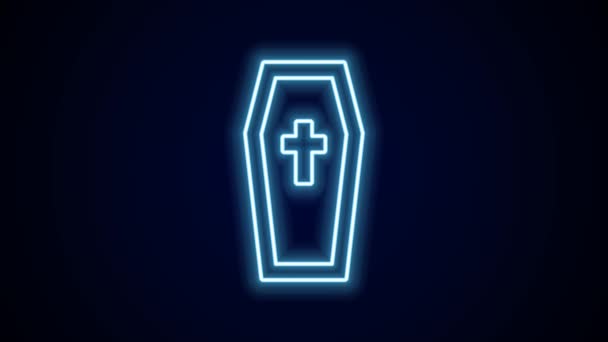 Glowing Neon Line Coffin Christian Cross Icon Isolated Black Background — Stok Video