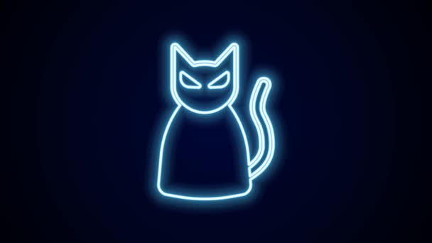 发光的霓虹灯线黑猫图标孤立在黑色背景 万圣节快乐派对4K视频运动图形动画 — 图库视频影像