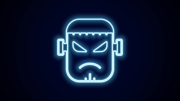 Glowing Neon Line Scary Monster Frankenstein Face Icon Isolated Black — Stock Video